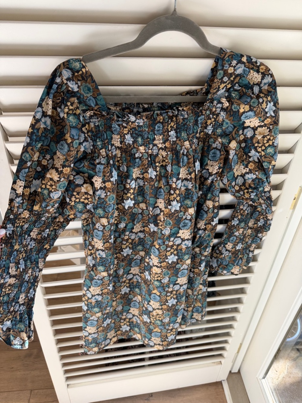 Doen Teal, Brown & Cream Floral Smocked Square-Neck Blouse